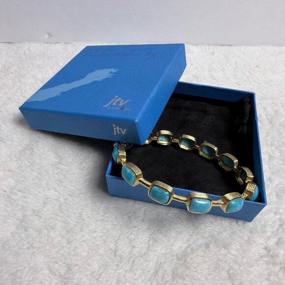 Blue Kingman Turquoise Bangle Bracelet 18k Gold Over Silver JTV Vintage 8" Jewel - Picture 5 of 10